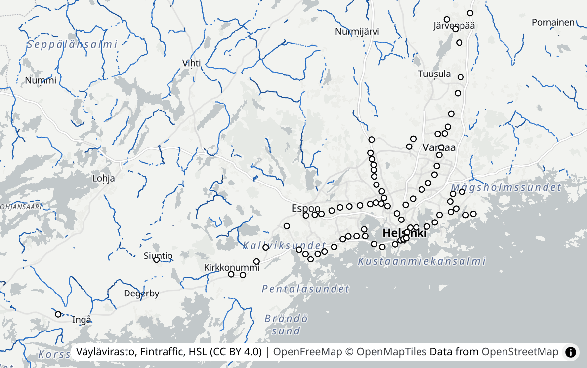 A map of the Helsinki region and western Uusimaa with roads drawn in shades of blue and rail and metro stations marked as white circles.